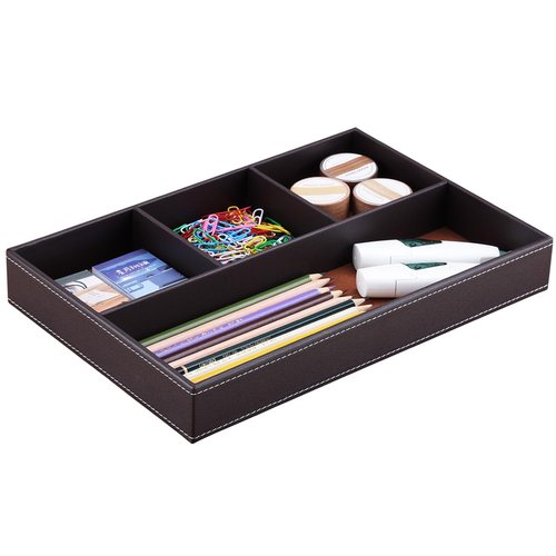 KINGFOM Pu Leather Desk Organizer Tray, 4 Compartment Office Storage Supplies Stationery Drawer Tray, Nightstand Bedside Tray for Key, Wallet, Watch, Coin, Phone Valet Tray Stackable