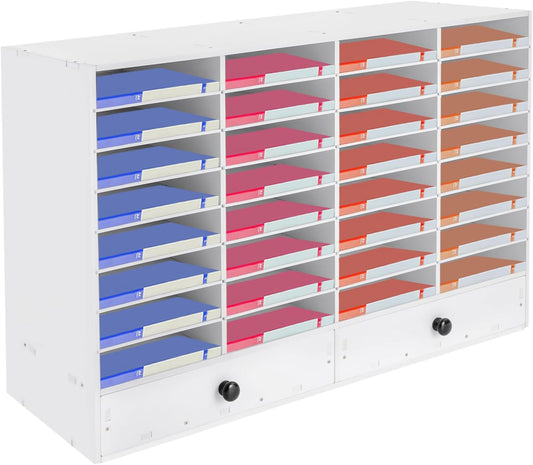 Literature Organizers, 32 Compartments Office Mailbox with Adjustable Shelves and 2 Drawers, Wood Literature Sorter 39.4*12*25.2in inches for Office, Classroom, Mailrooms Organization (White)