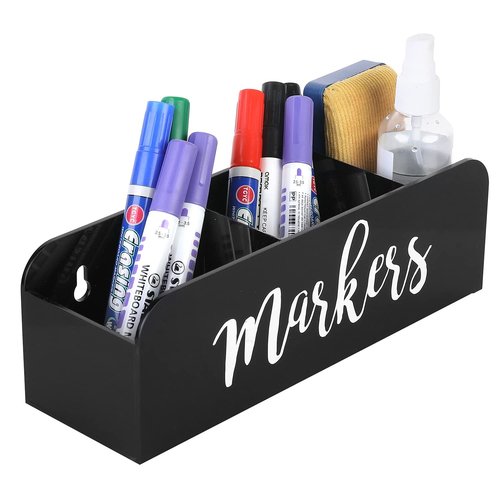 MyGift Whiteboard Marker Holder, Black Acrylic Wall Mounted or Tabletop Dry Erase Marker/Eraser/Cleaner Caddy with Cursive MARKERS Label