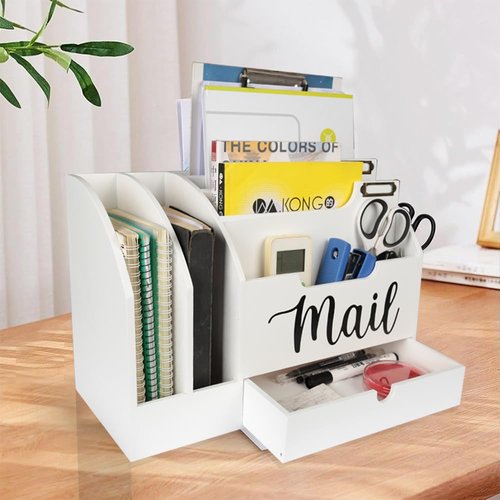Niciksty Wood Desktop Mail Organizer, Fantasyon Mail Organizer Countertop with 6 Compartments and Drawer, Wood Desk Drawer Organizer for File Letter Paper Folder, White