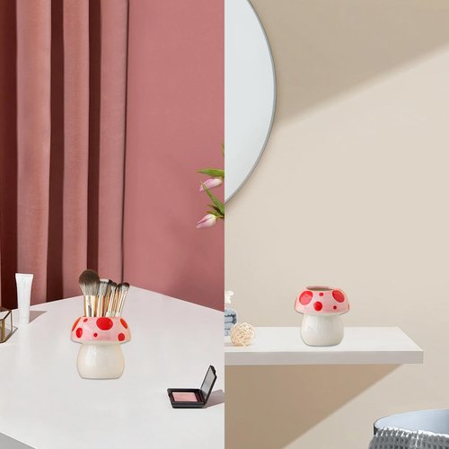 LOTIKOU Mushroom Ceramic Pencil Pen Holder Mushroom Ceramic Makeup Brush Holder for Desk Accessories Pencil Cup Plant Pot Office Home (Pink)