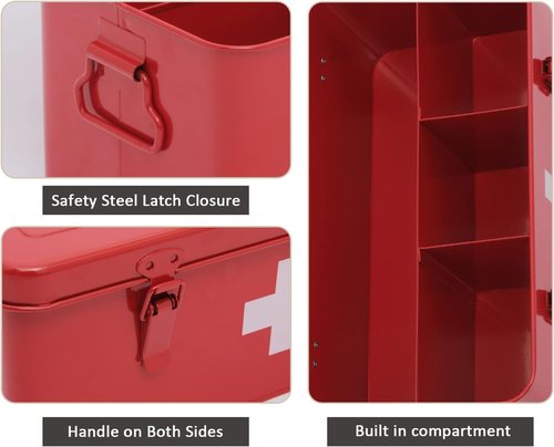 First Aid Medicine Box - Metal Storage Tin with Safety Lock for Home Emergency Kit - Red