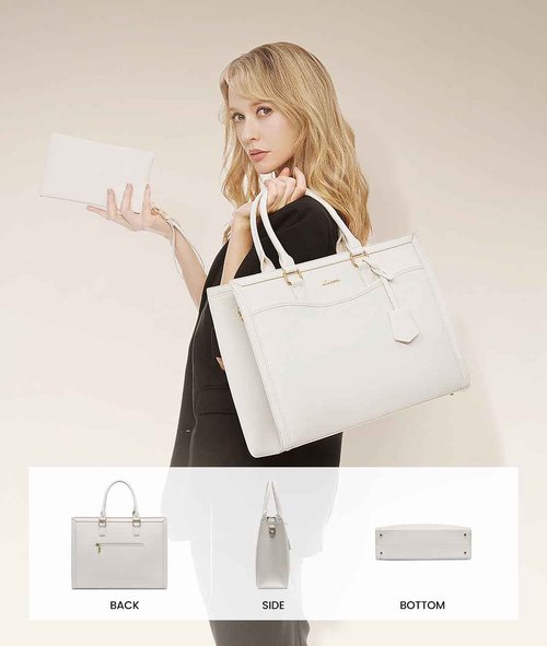 LOVEVOOK Laptop Tote Bag for Women, Leather Office Work Bag Briefcase fit for 15.6 inch Laptop, Large Teacher Computer Bag Handbag,2pcs Set Leather/Beige