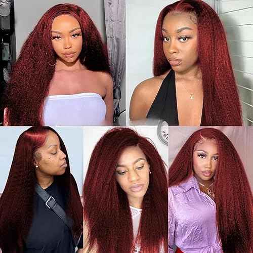 #99J Burgundy Bundles Human Hair Yaki Straight Bundles 22 24 26 Inch Wine Red Kinky Straight Bundle Unprocessed Brazilian Virgin Weave Hair 3 Bundle 50 Gram Per Bundle