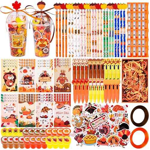 247 Pcs Thanksgiving Return Gifts for Birthday, Student Stationery Gifts from Teacher, Classroom Gifts Pencil Erasers Notesbook Stickers for Thanksgiving Classroom Birthday Goodie Bags Rewards Prizes