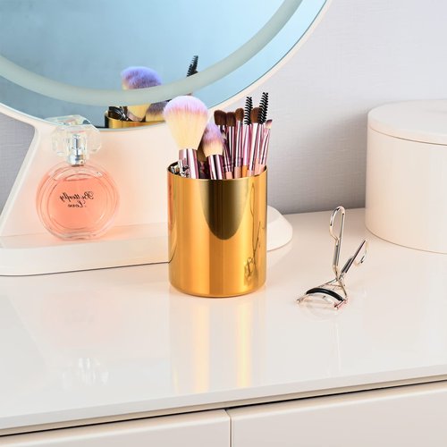 Lidwot Set of 2 Golden 304 Stainless Steel Mirror-Polished Round Pen Holder – Nordic Style Pencil Cup & Makeup Brush Organizer for Office, Home, Kitchen, Bathroom, and Vanity