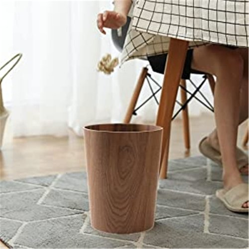 2.3 Gallons Wood Trash Can Wastebasket for Home or Office, Japanese-style natural wood Round Wastebasket, Lightweight, Sturdy for Under Desk, Kitchen, Bedroom, Den, Hotel, or Kids Room (Dark Wood-A)