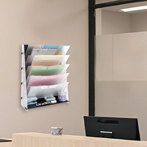 PROSPACE P0005 Acrylic 5-Tier Desktop Or Wall Mount File Organizer, 12" x 16" Vertical Hanging Document Rack with Bottom Tray, Company and Home Office Space Organization (Matte Black)