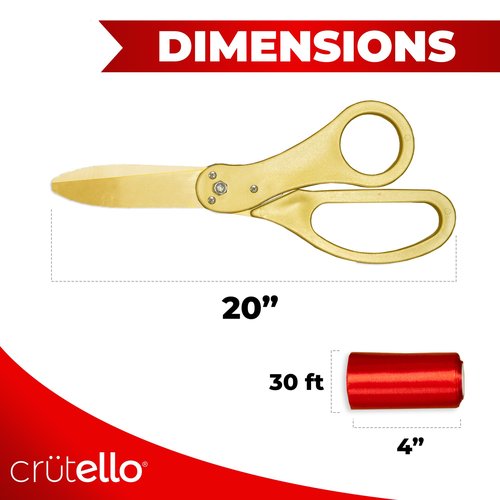 Crutello Ribbon Cutting Ceremony Kit - Grand Opening Ribbons and Scissors - 20"Giant Gold Scissors and 30 Foot Large Red Ribbon 4"Wide - Ceremonial Kit