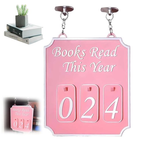 Handmade Wooden Hanging Bookshelf – Books Read This Year Counter & Bookish Wall Decor – Rustic Book Lover Sign for Home, Office, or Classroom (Pink)