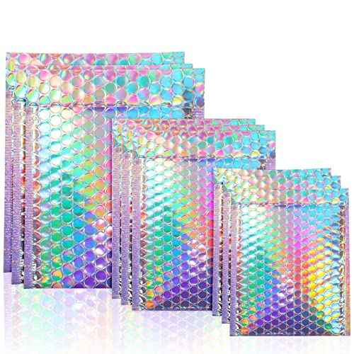 100 Pack Metallic Bubble Mailers 3 Sizes Holographic Padded Bubble Rainbow Poly Bubble Mailers Foil Bubble Padded Envelopes Adhesive Seal Closure Envelopes Shipping Bags for Mailing Packing