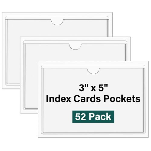 Ohuimrt 52 Pack Clear Adhesive 3" x 5" Index Card Pockets with Top Open, Plastic Card Sleeves Index Card Holder for Organizing Storage Bins, Library Cards, Notes, Drawer
