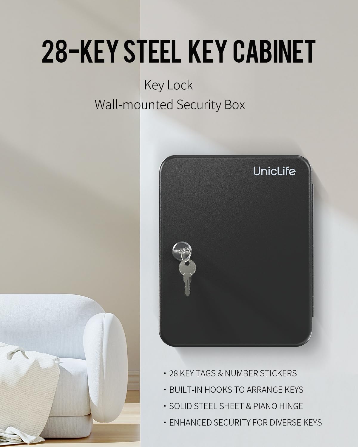 Uniclife Steel Key Cabinet Wall Mounted Organizer - 28 Keys, 2 Unlocking Keys - Black Frosted Security Box with Hooks and Color-Coded Labels