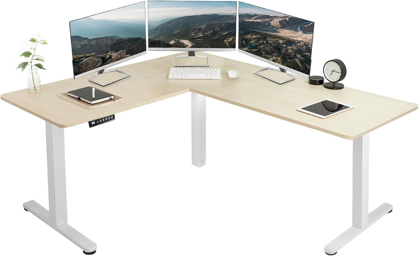 VIVO L-Shaped Standing Desk - 63 x 55 Inch Electric Height Adjustable Workstation | Light Wood Top & White Frame
