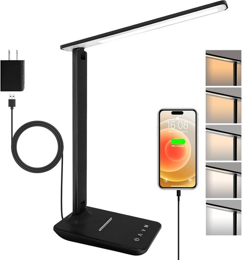 Shinelife LED Desk Lamp - Adjustable Dimmable Light with USB Charging | 5 Modes & Brightness Levels, Black