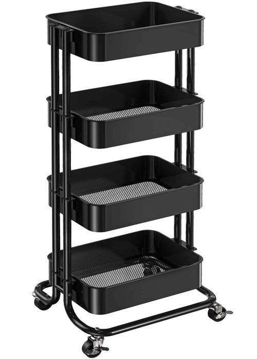 Pipishell 4 Tier Metal Rolling Utility Cart, Heavy-Duty Storage Rolling Cart with 2 Lockable Wheels, Multifunctional Mesh Organization Utility Cart for Kitchen Dining Room Living Room, PIUC13B