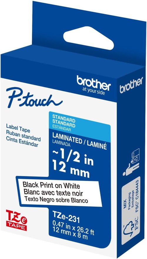 Brother P-Touch 1/2" Black on White Laminated Tape | 4-Pack, 26.2 ft (8 m) Each