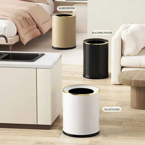 YOJIA 3.17 Gallon Round Open Top Metal Trash can, Modern Large Waste Baskets, Elegant, Gold Garbage Can, for Bathroom, Bedroom, Office, Hotel, Cafe, Business(Beige, 12L)