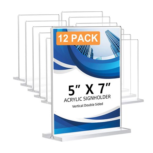 12 Pack Acrylic Sign Holder 5 x 7, Double-Sided Clear Sign Holder Plastic Stands for Display, T Shape Acrylic Table Sign Stands for Office Store Restaurants Wedding Party Decoration
