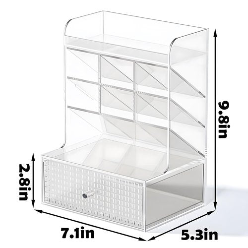 Clear Desk Organizer, Pen Storage Shelves with Drawers, Desk Accessories Holder,Makeup Brush Storage Organizer for Office School Home Supplies (Transparent Brown)