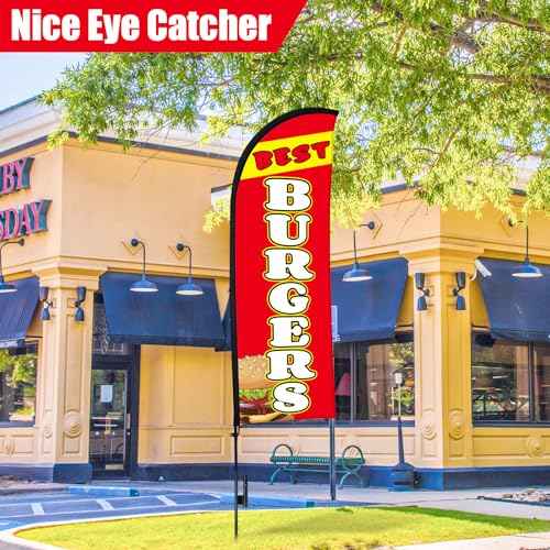 Buryeah 15ft Burgers for Business Advertising Feather Flag Sign with Flagpole Ground Stake Portable Bag Burgers Signs Banner for Outside Business