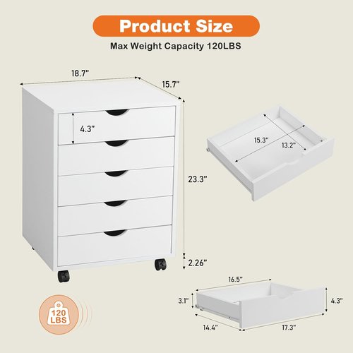 Elevon 5 Drawer Chest - Mobile Wooden Storage Cabinet with Wheels | White Room Organizer for Home & Office