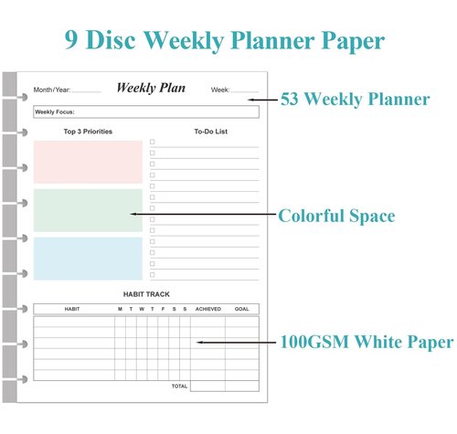 9 Disc Weekly Planner Refills - Classic Size 53 Sheets/106 Pages Colorful Weekly Planner for Happy Planners Insert, 100 gsm White Paper, Lasts 1 Year, Undated, 7" x 9.25"