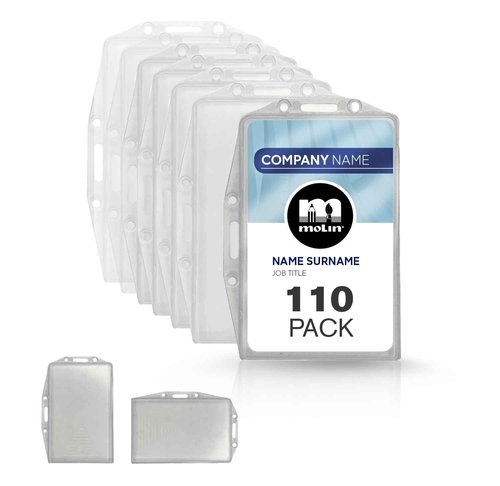 110 Pack - Molin Card Pod ID Badge Holder | Vertical and Horizontal Card Holder for Lanyard, Name Badge, Keycard, Access Card | Durable Clear ID Sleeve for Work, Office, Events & Identification