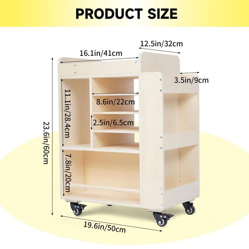 lukar Wooden Art Storage Cart with Wheels, 25.6" Art Supply Storage Organizer Cart, Multi-Functional Rolling Utility Carts for Kid, Arts Activity Carts for Storing A4 Paper, Brushes, Paint