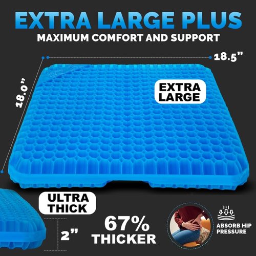 Gel Seat Cushions for Long Sitting- Extra Large & Ultra Thick(2" Inch)- Office Chair Cushion for Pressure Relief, Sciatica, Hip & Back Pain- Car Seat, Wheelchair, Truck Driver Seat - Non-Slip Ties