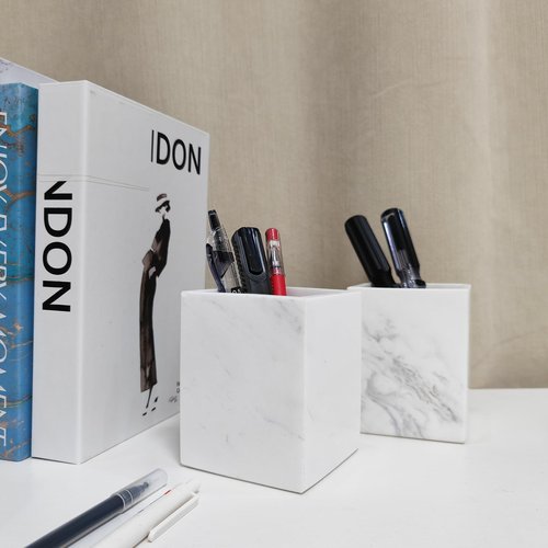 SIRIZEN-DIVING Marble Pen Holder, White Stone, Rectangular Desktop Organizer for Office Study (white)