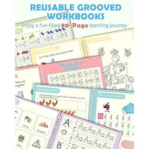 Large Magic Handwriting Practice Workbooks, Reusable Grooved Handwriting Practice for Kids 3-8, Toddler Writing Practice, Math Calligraphy, Letter Tracing, for Kindergarten Preschool, The Fun Kit
