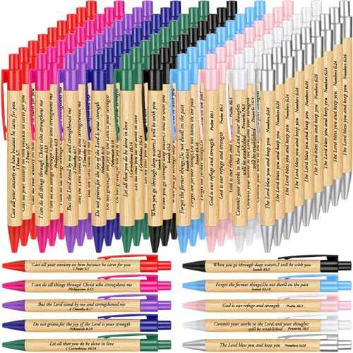 Cholemy 100 Pcs Christian Gifts Bible Verse Pens Bamboo Christian Christmas Religious Gifts Inspirational Quote Pens God Prayer Journal for Women Church School(Colorful)