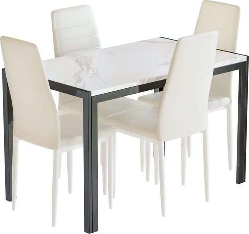 AWQM 5 Piece Dining Room Table and Chairs Set,Rectangular Table and 4 PU Leather Chairs,Faux Marble Dining Table Set for 4,Perfect for Kitchen,Living Room,Dining Room,White&Beige