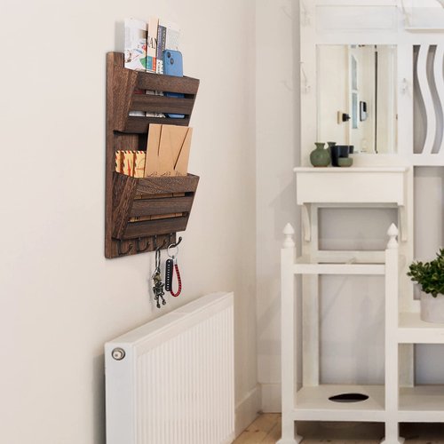 MOOACE Mail Organizer Wall Mount with Key Hooks, 2-Slot Wood Mail and Key Holder, Wall File Organizer Office Letter Folder Accessories Organizer Home Farmhouse Decor