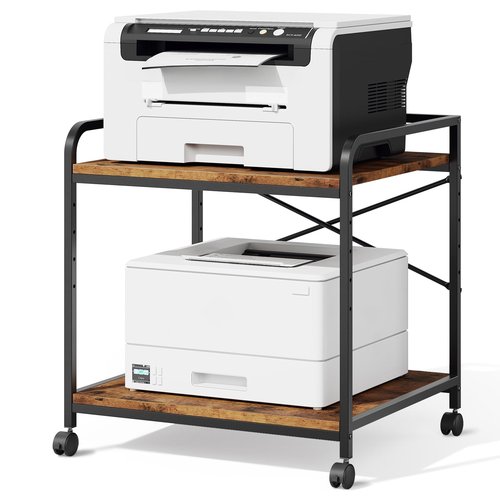 Warmiehomy Under Desk Printer Stand - Large Printer Table with Adjustable Storage Shelf - 2 Tier Rolling Printer Cart with Wheels - Use for 3D, Laser, Home Office (Rustic Brown)