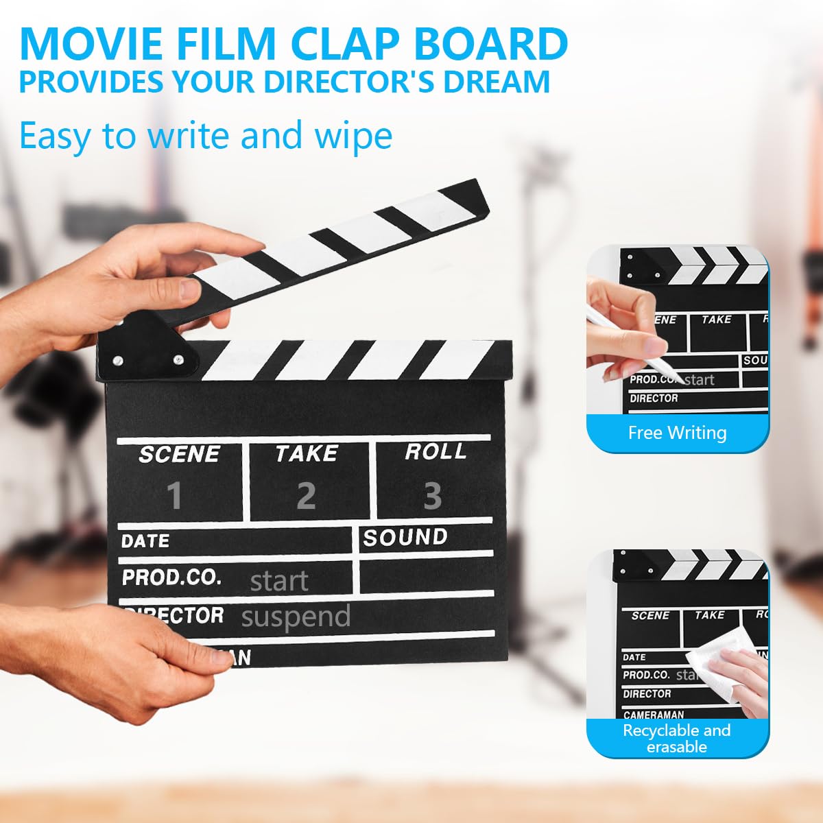 KISEER 12"x11" Movie Film Clap Board Wooden Movie Clapboard Film Clapper Board (Black)