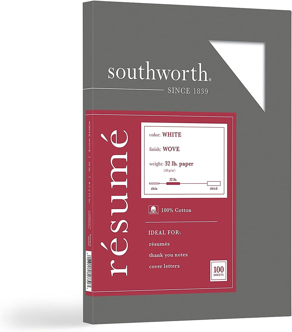 Southworth® Résumé Paper - 100% Cotton, 32 Lb, 100% Recycled, White, 8.5" x 11", Pack of 100