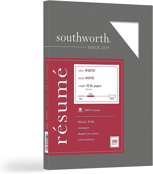 Southworth® Résumé Paper - 100% Cotton, 32 Lb, 100% Recycled, White, 8.5" x 11", Pack of 100