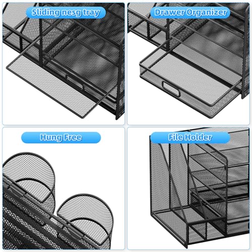 Lavatino Desk Organizer with File Holder, 5-Tier Paper Letter Tray Organizer with Sliding Drawer and 2 Pen Holder, Mesh Desktop File Organizer for Office Supplies (Black)