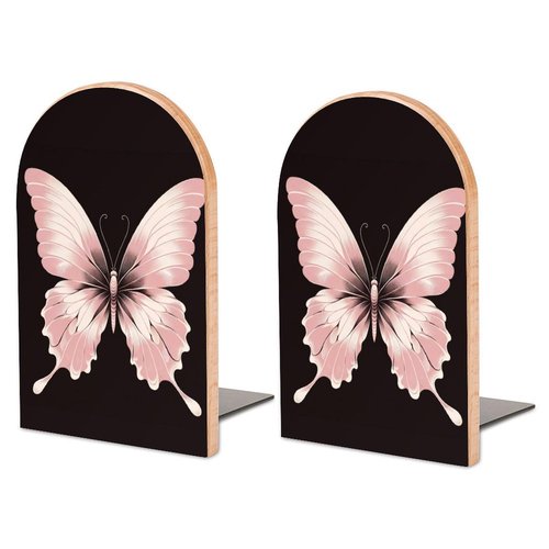 Velumair Light Pink Butterfly Book Ends Decorative Bookends for Shelves Wood Book Stopper for Home Office Desk to Hold Books 6.7 X 4.7 Inch Bookshelf Decor 1 Pair