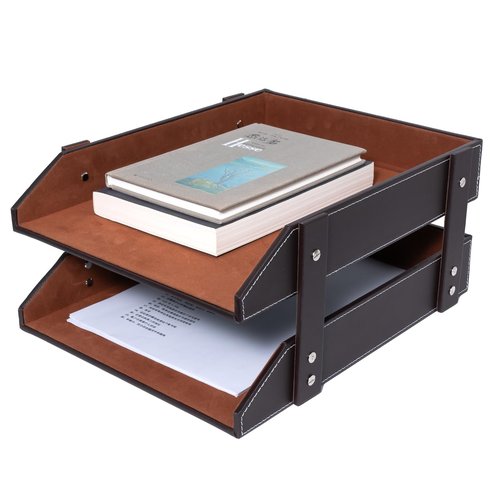 Leather Desk Organizer, Letter Tray Holder with Accessories, 2-Tier Stackable Office Supplies Desktop Storage Box for Documents Notebooks Magazines