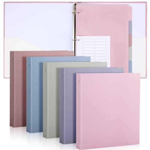 Ctosree 5 Sets 1 Inch Heavy Duty 3 Ring Binder with 2 Pockets with 5 Tab Dividers 8.5 x 11 Inch Plastic Film and File Folder Labels for Letter Size Paper Office Home Supplies(Warm Color)