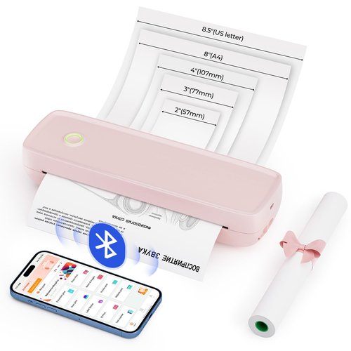 MUNBYN Portable Wireless Printer ITP04, Thermal Bluetooth Printer, Support 8.5x11&A4 Thermal Paper, Inkless, Compatible with Android & iOS Phone & Laptop, Small (Pink)