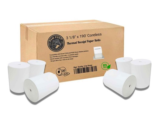 BAM POS 3 1/8 x 190 Thermal Paper Rolls - Large Receipt Roll - Compatible with Clover Stations, P100, P550, SCP700, Square Stations (30 Rolls Per Case)