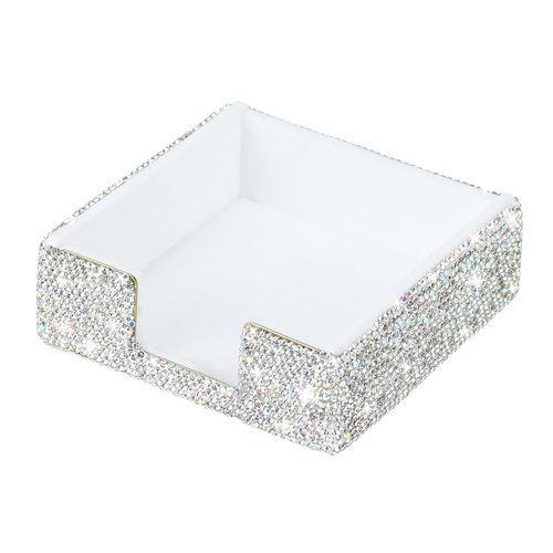 Buqoo Sticky Note Holder, White Marble Bling Crystal Rhinestone Handmade Memo Cube, 4 x 4 inch Post It Notes Holder Dispenser Organizer, Bedazzled Pad Holder Office Accessories Supplies for Women