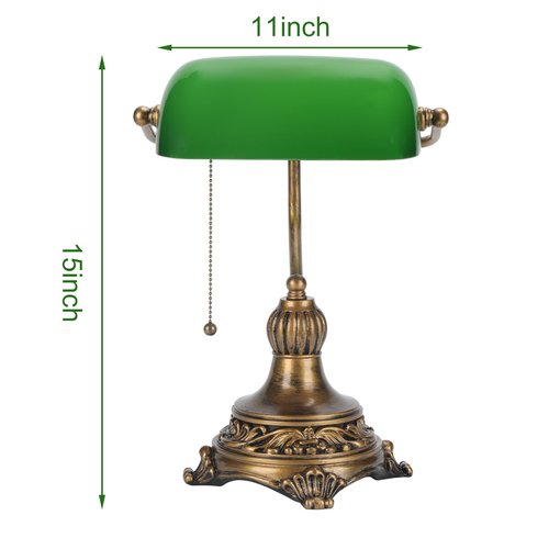 NISSAFORS Bankers Lamp with Pull Switch, Green Glass Desk Lamp with Retro Black/Gold Finish, Vintage Table Lamps for Living Room, Library, Piano(Green)