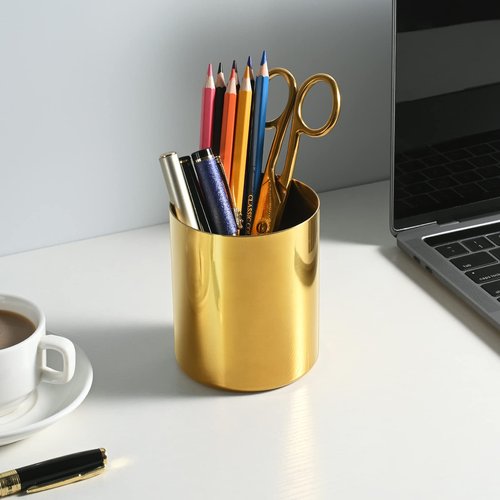Bidponds 2 Packs Gold Round Stainless Steel Pen Holder,Desktop Stationery Organizer,Vacuum Plating Makeup Brush Holder