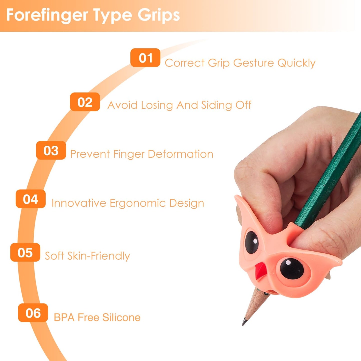 TOCCOOL 6 Pack Kids Owl Pencil Grips, Ergonomic Silicone Writing Aid for Children, Toddlers & Preschoolers, Handwriting Training Grip for Right & Left Hand
