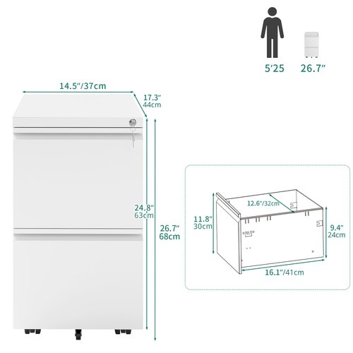 YITAHOME 2 Drawer File Cabinet with Lock, Mobile Metal Filing Cabinet for Letters/Legal/A4 Size, Home Office & Business Enterprise, Fully Assembled Except Wheels, White